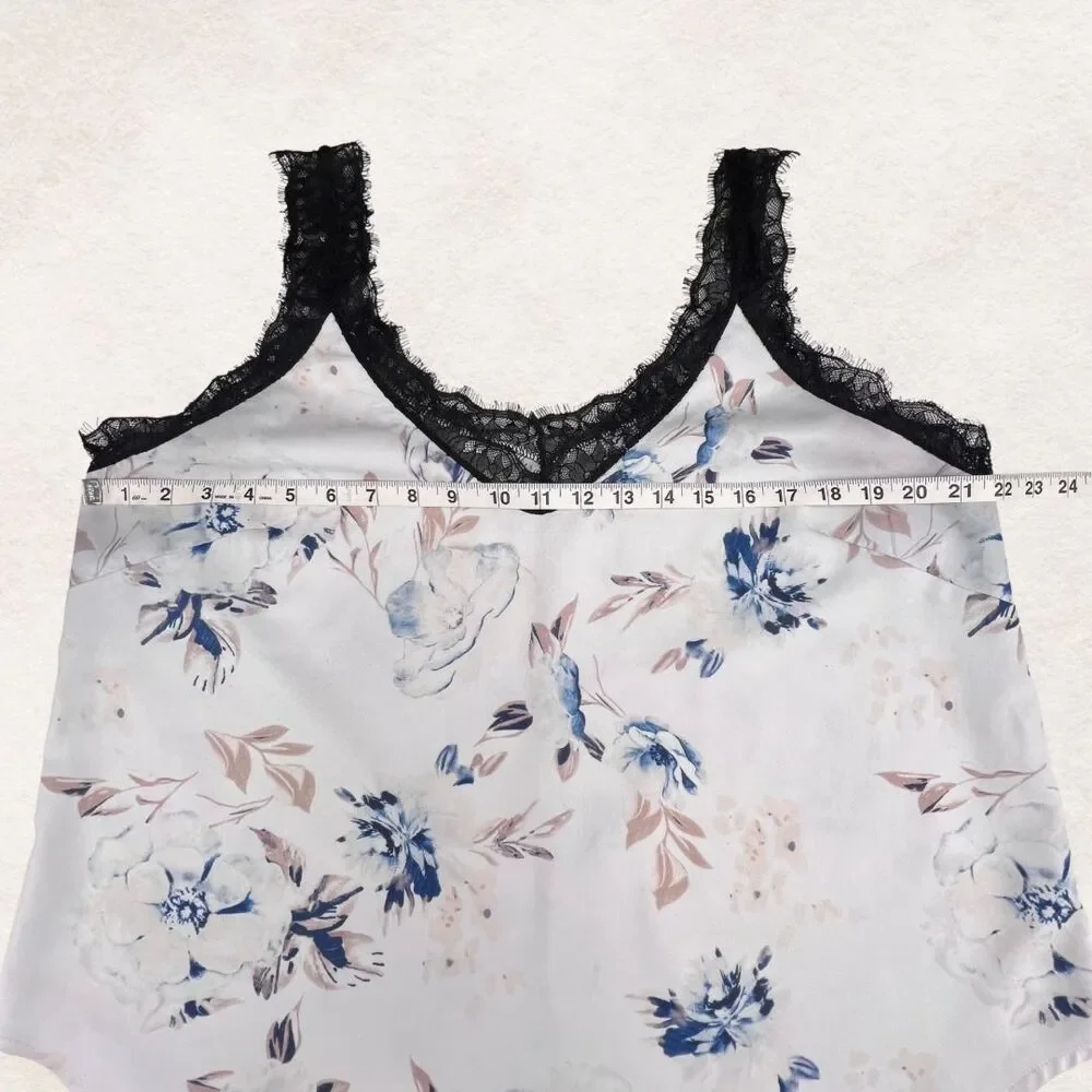 Cami XL Blue Pink Floral Lace Trim Edge Boho V Neck Romantic Lightweight Blouse - Picture 3 of 8